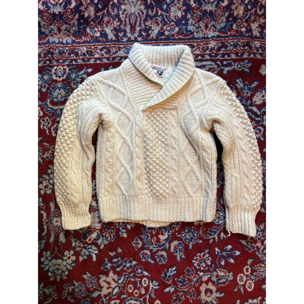 Vintage Cladyknit Sweater Youth Small Beige Cream Cable Knit Pure Wool Fisherman